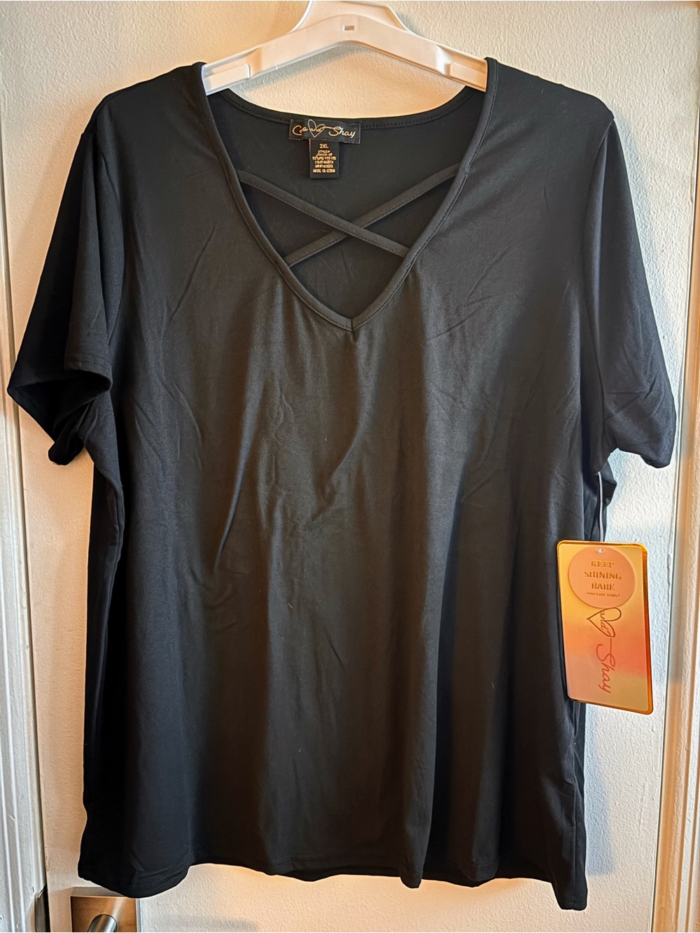 Crisscross V-Neck Short Sleeve Top by Coco & Shay in Black